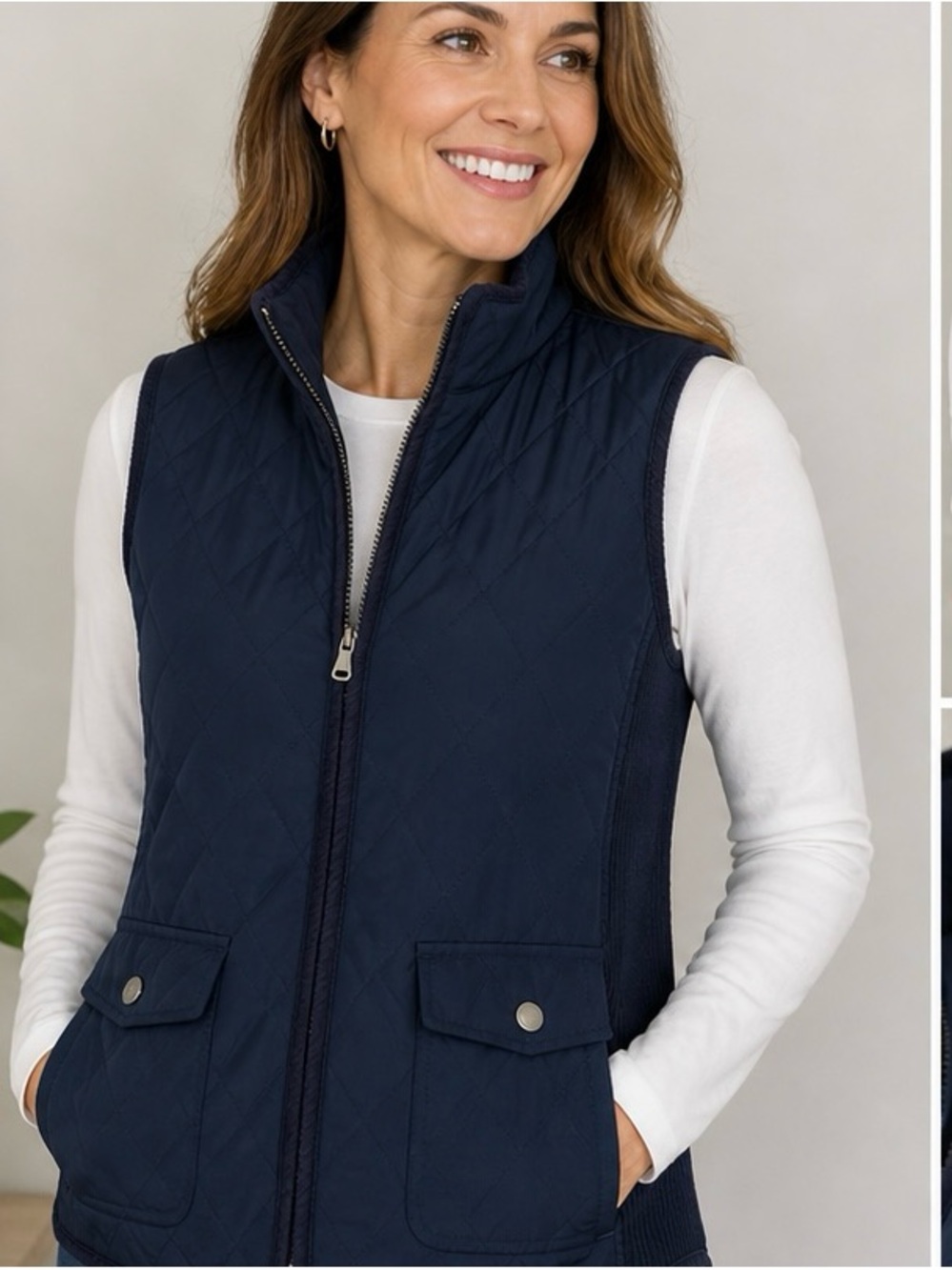 Talbots Womens Quilted Puffer Vest Large Navy Blue Zip Front Rib Knit